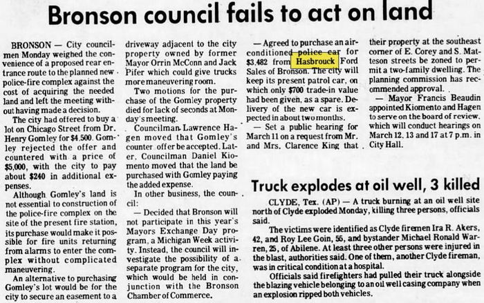 Hasbrouck Ford Sales - Feb 1974 Bronson Police Buys Car (newer photo)